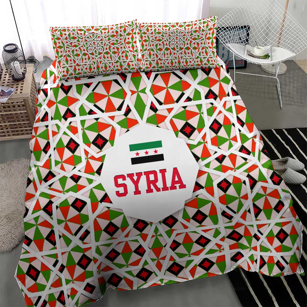 Syria Geometric Pattern Bedding Set with Traditional Arab Tile Motif and Flag Emblem