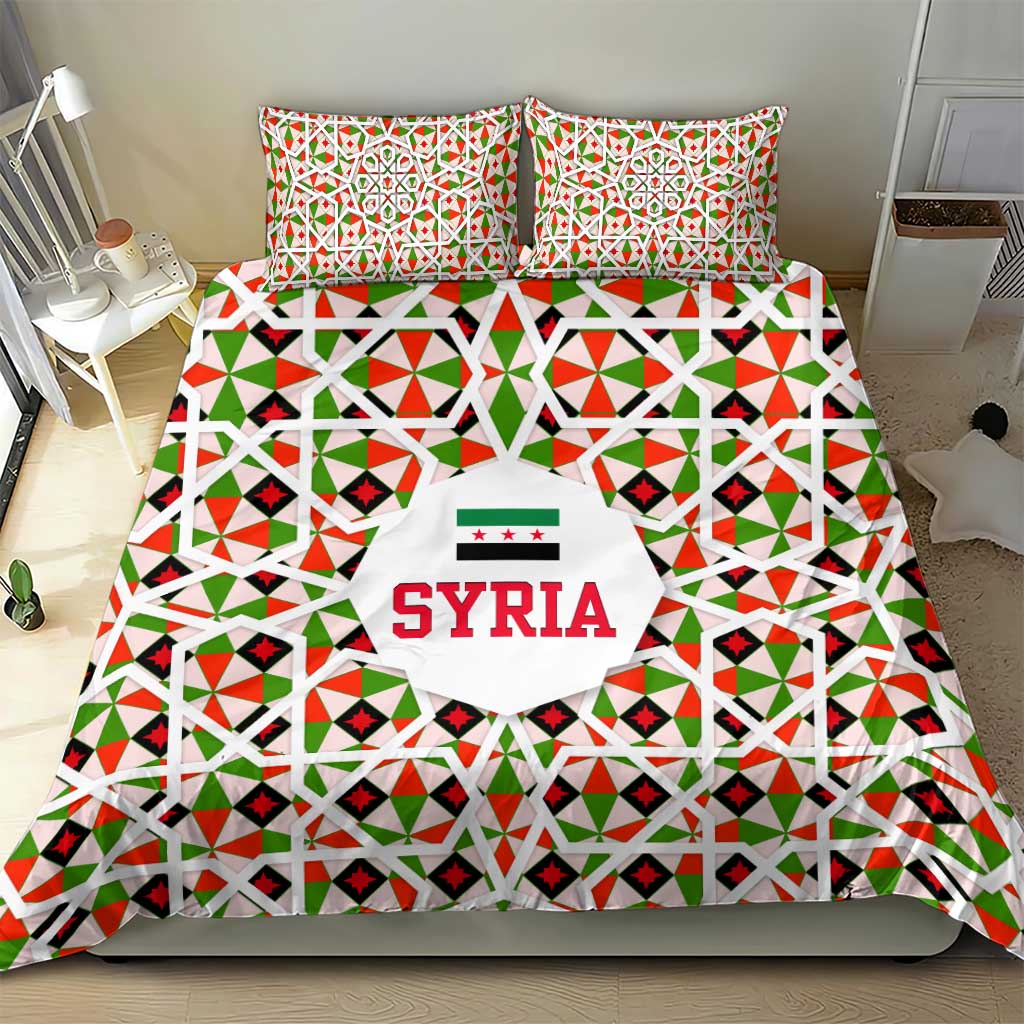 Syria Geometric Pattern Bedding Set with Traditional Arab Tile Motif and Flag Emblem