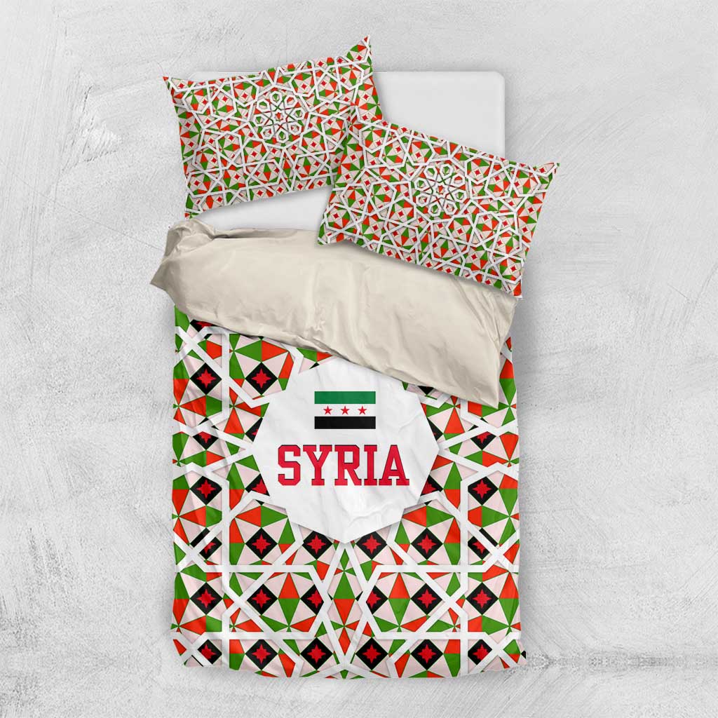 Syria Geometric Pattern Bedding Set with Traditional Arab Tile Motif and Flag Emblem