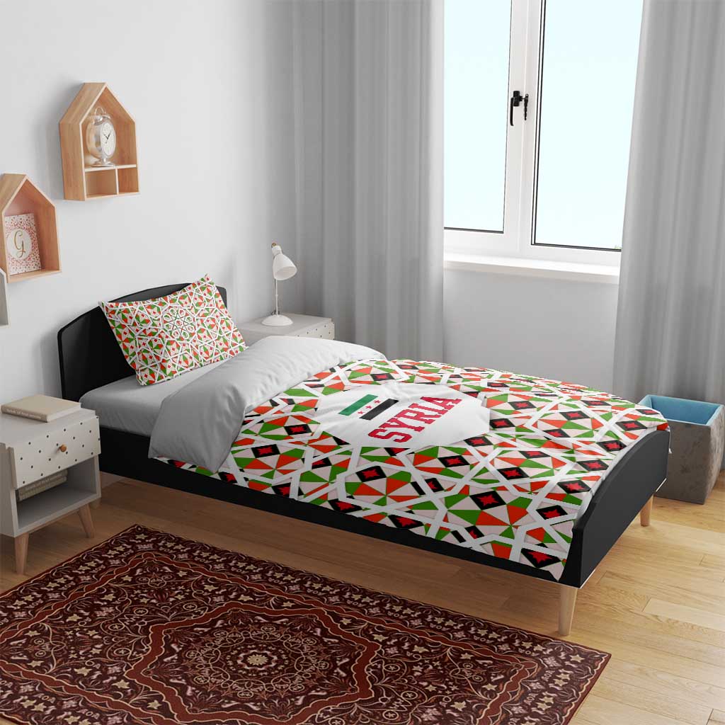Syria Geometric Pattern Bedding Set with Traditional Arab Tile Motif and Flag Emblem