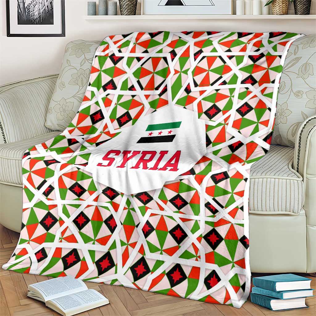 Syria Geometric Pattern Blanket with Traditional Arab Tile Motif and Flag Emblem