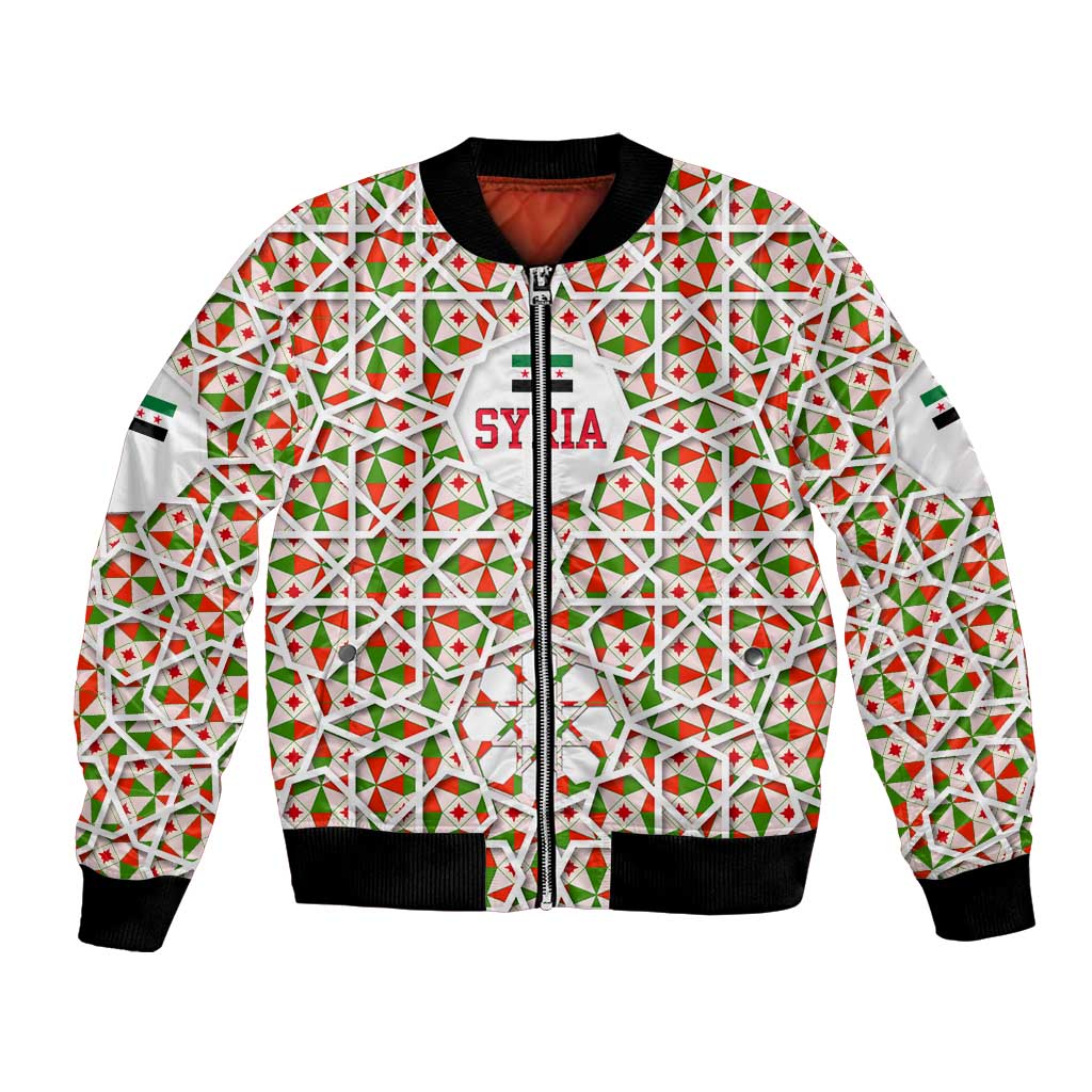 Syria Geometric Pattern Bomber Jacket with Traditional Arab Tile Motif and Flag Emblem