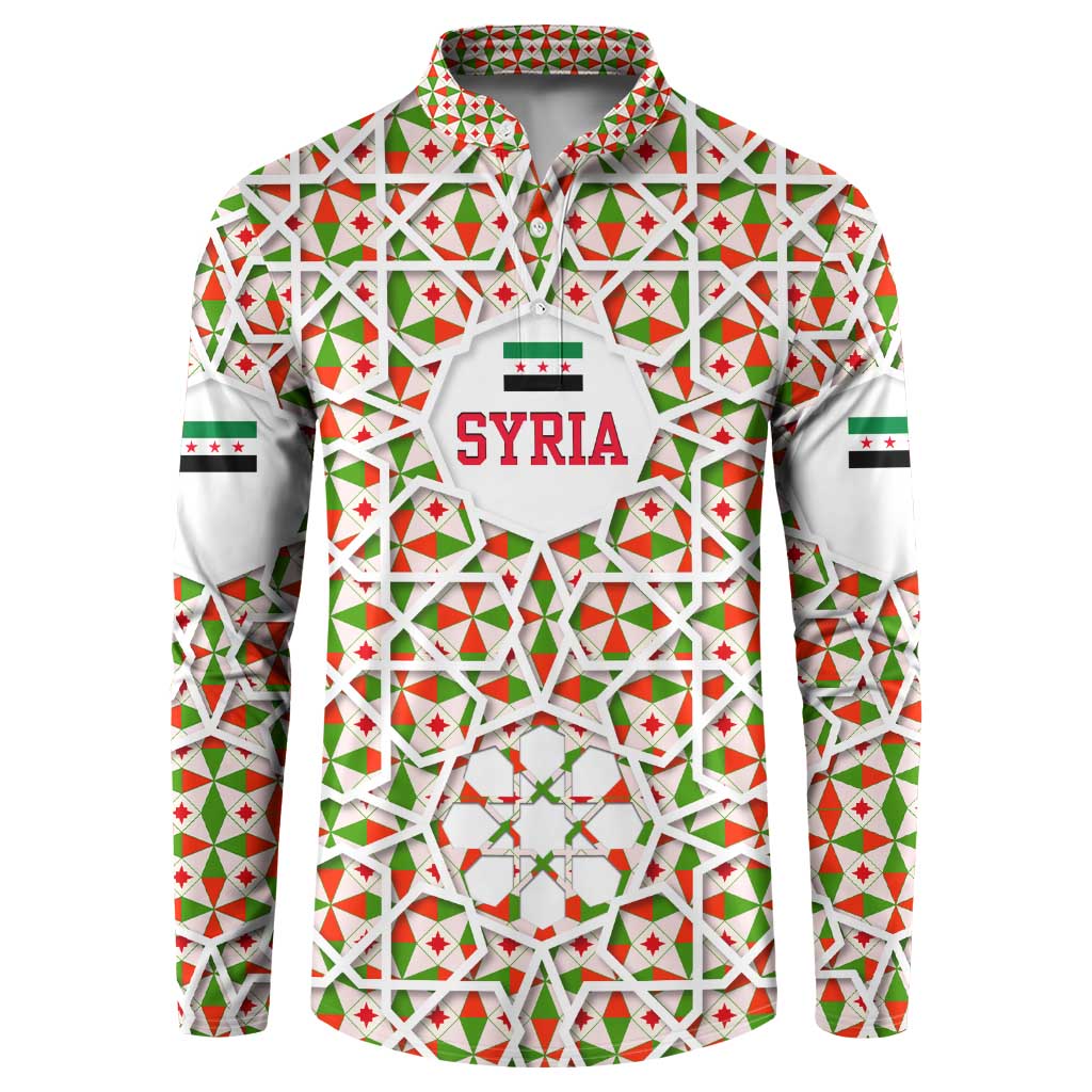 Syria Geometric Pattern Button Sweatshirt with Traditional Arab Tile Motif and Flag Emblem