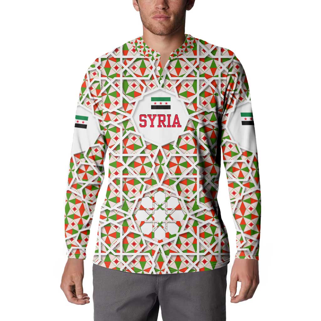 Syria Geometric Pattern Button Sweatshirt with Traditional Arab Tile Motif and Flag Emblem