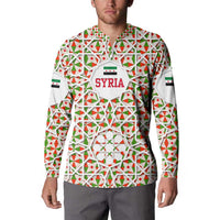 Syria Geometric Pattern Button Sweatshirt with Traditional Arab Tile Motif and Flag Emblem