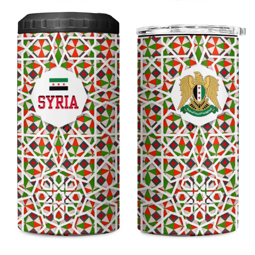 Syria Geometric Pattern 4 in 1 Can Cooler Tumbler with Traditional Arab Tile Motif and Flag Emblem