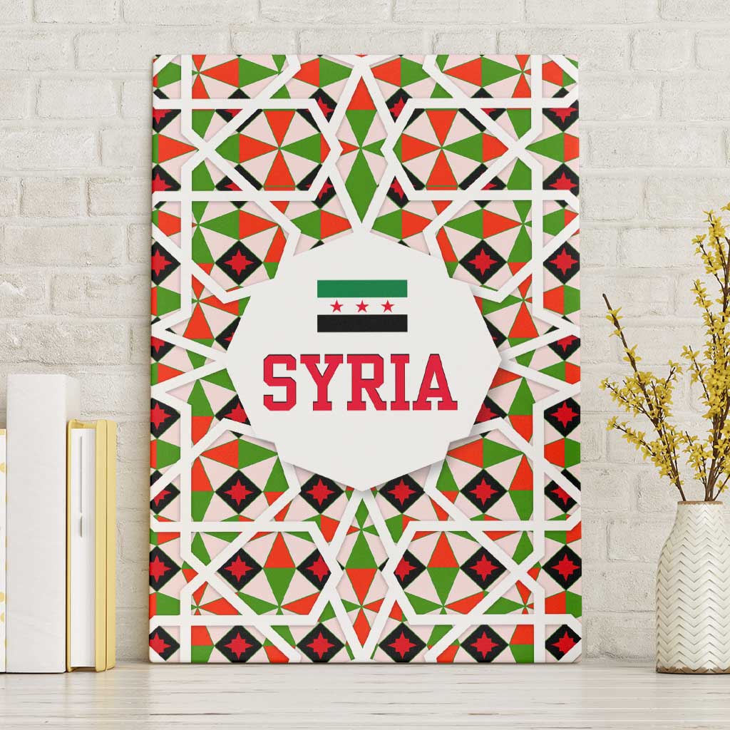 Syria Geometric Pattern Canvas Wall Art with Traditional Arab Tile Motif and Flag Emblem