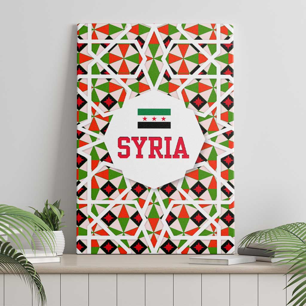 Syria Geometric Pattern Canvas Wall Art with Traditional Arab Tile Motif and Flag Emblem