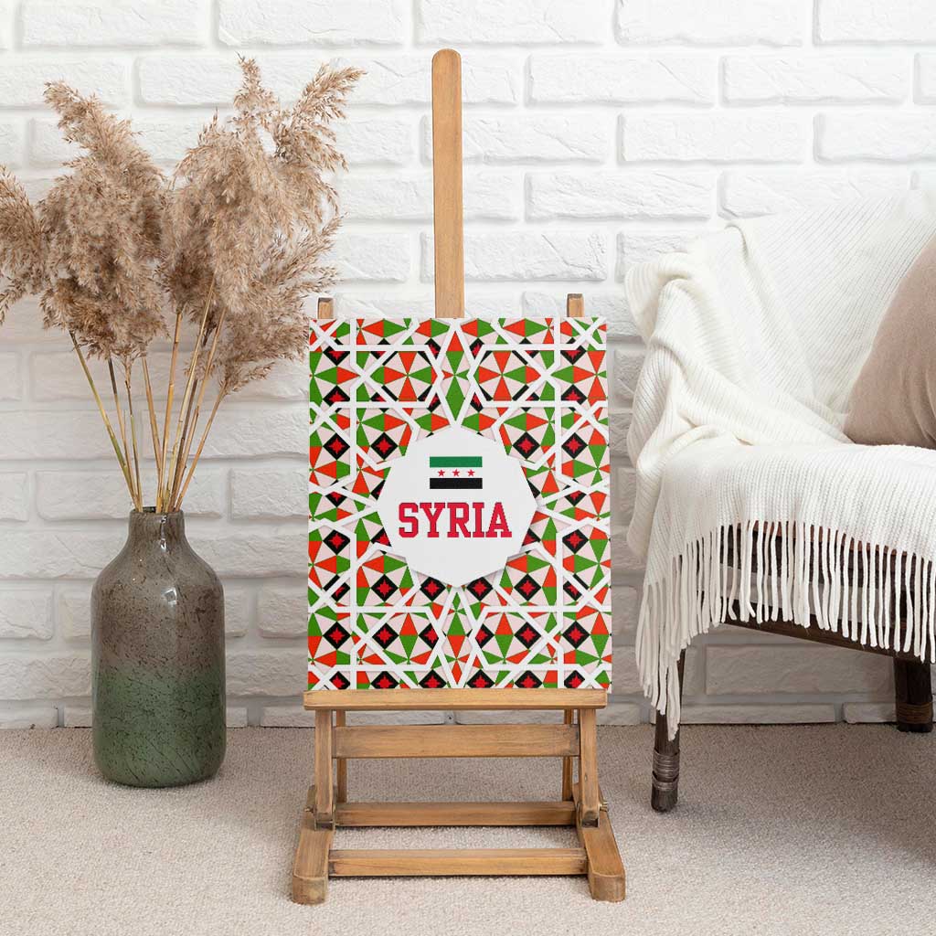 Syria Geometric Pattern Canvas Wall Art with Traditional Arab Tile Motif and Flag Emblem