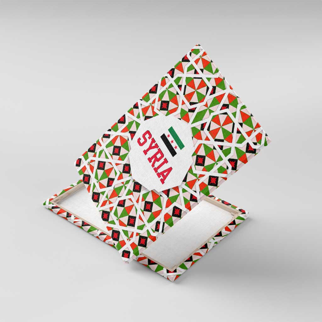 Syria Geometric Pattern Canvas Wall Art with Traditional Arab Tile Motif and Flag Emblem