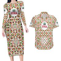 Syria Geometric Pattern Couples Matching Long Sleeve Bodycon Dress and Hawaiian Shirt with Traditional Arab Tile Motif and Flag Emblem