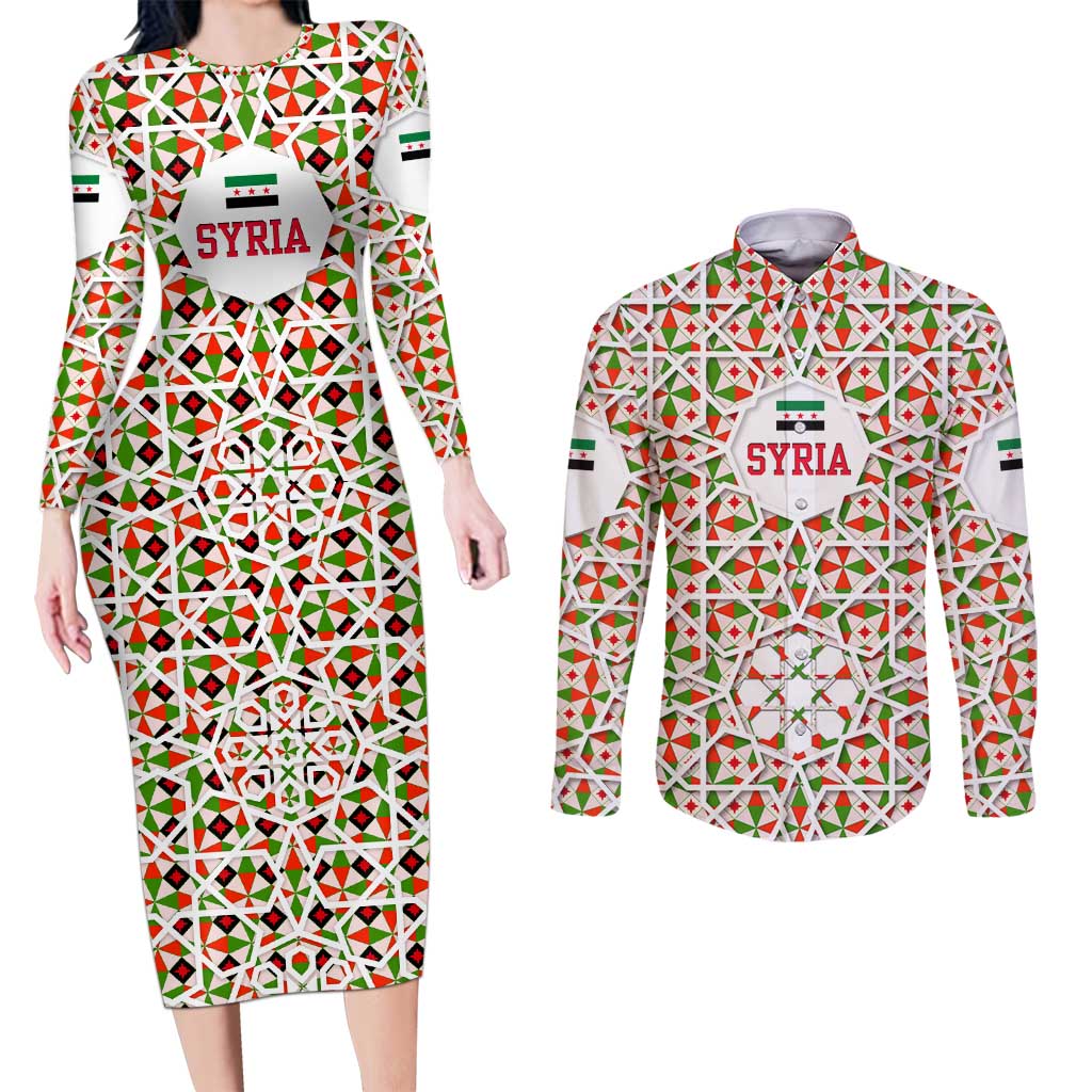 Syria Geometric Pattern Couples Matching Long Sleeve Bodycon Dress and Long Sleeve Button Shirt with Traditional Arab Tile Motif and Flag Emblem