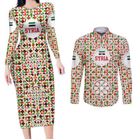 Syria Geometric Pattern Couples Matching Long Sleeve Bodycon Dress and Long Sleeve Button Shirt with Traditional Arab Tile Motif and Flag Emblem