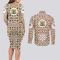 Syria Geometric Pattern Couples Matching Long Sleeve Bodycon Dress and Long Sleeve Button Shirt with Traditional Arab Tile Motif and Flag Emblem