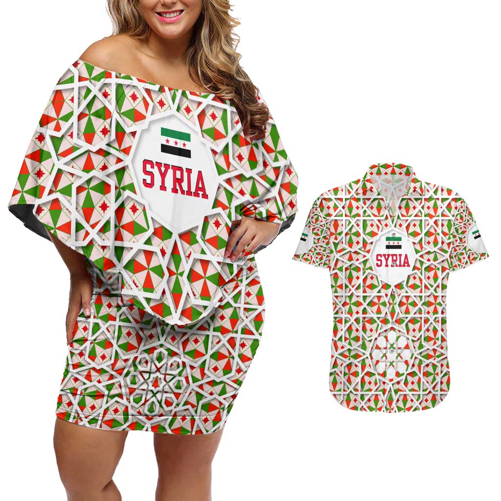 Syria Geometric Pattern Couples Matching Off Shoulder Short Dress and Hawaiian Shirt with Traditional Arab Tile Motif and Flag Emblem