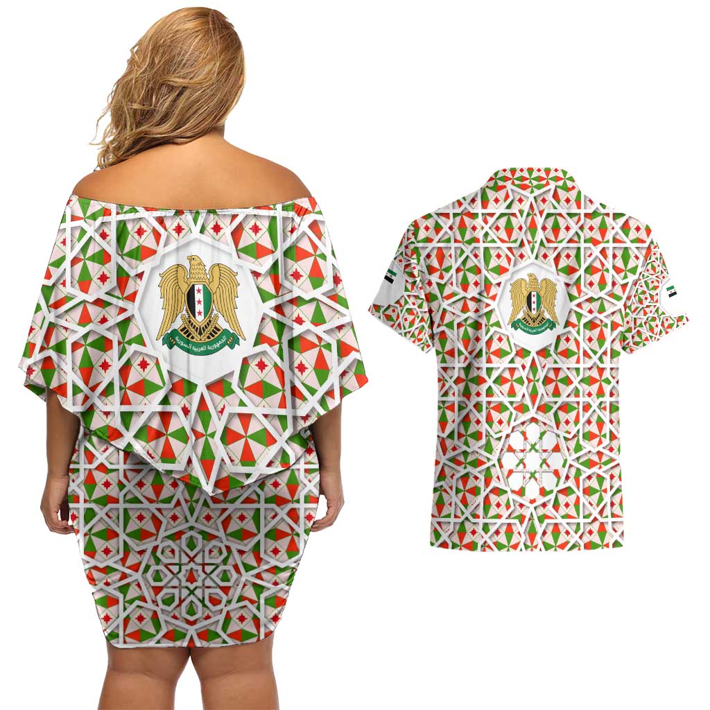 Syria Geometric Pattern Couples Matching Off Shoulder Short Dress and Hawaiian Shirt with Traditional Arab Tile Motif and Flag Emblem