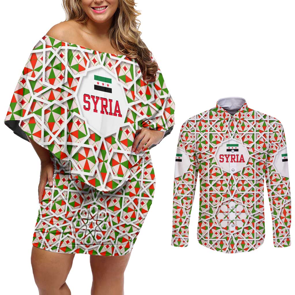 Syria Geometric Pattern Couples Matching Off Shoulder Short Dress and Long Sleeve Button Shirt with Traditional Arab Tile Motif and Flag Emblem