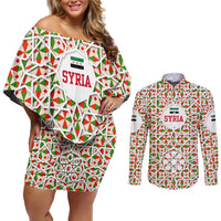 Syria Geometric Pattern Couples Matching Off Shoulder Short Dress and Long Sleeve Button Shirt with Traditional Arab Tile Motif and Flag Emblem