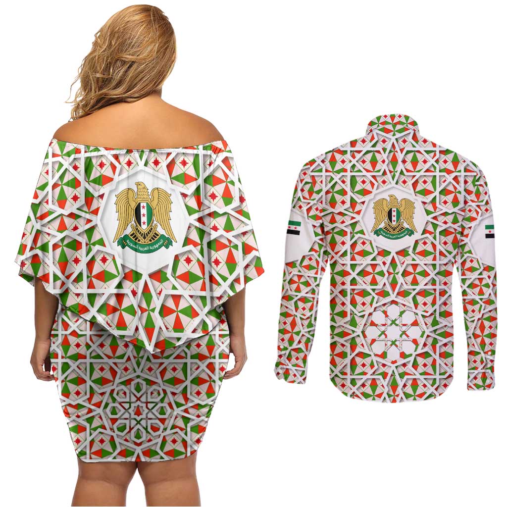 Syria Geometric Pattern Couples Matching Off Shoulder Short Dress and Long Sleeve Button Shirt with Traditional Arab Tile Motif and Flag Emblem