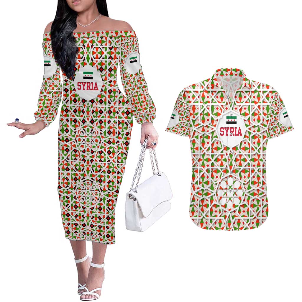 Syria Geometric Pattern Couples Matching Off The Shoulder Long Sleeve Dress and Hawaiian Shirt with Traditional Arab Tile Motif and Flag Emblem