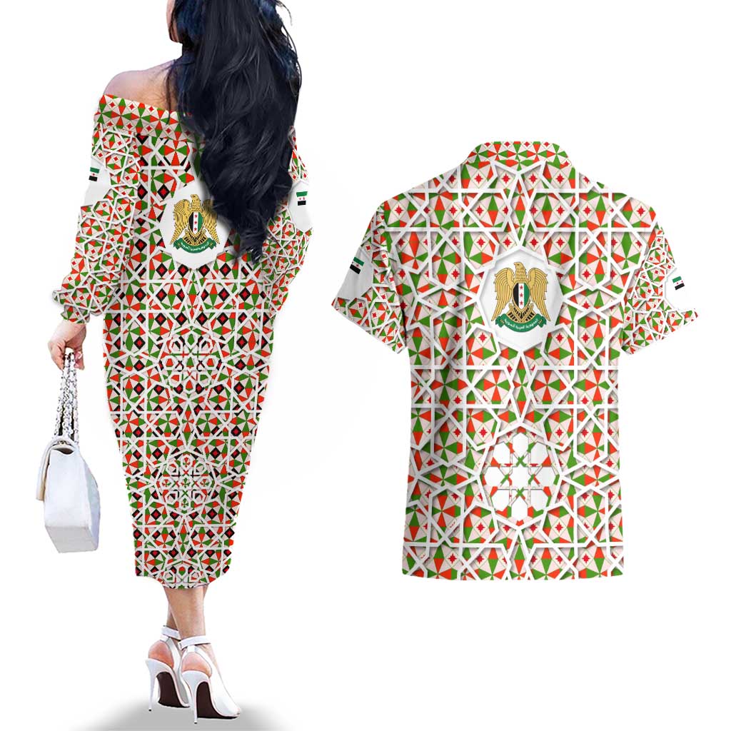 Syria Geometric Pattern Couples Matching Off The Shoulder Long Sleeve Dress and Hawaiian Shirt with Traditional Arab Tile Motif and Flag Emblem
