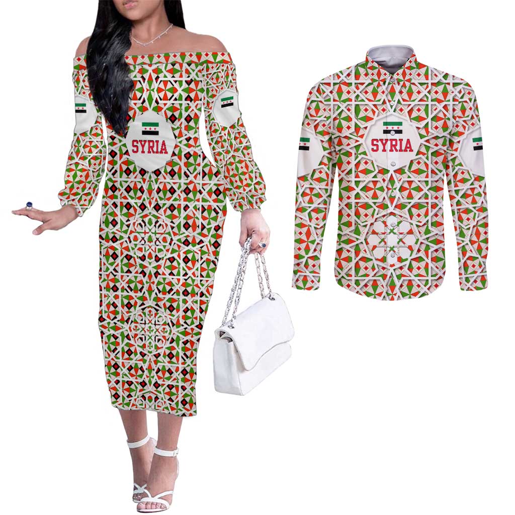 Syria Geometric Pattern Couples Matching Off The Shoulder Long Sleeve Dress and Long Sleeve Button Shirt with Traditional Arab Tile Motif and Flag Emblem