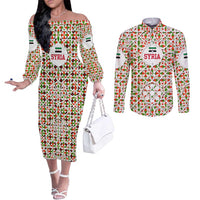 Syria Geometric Pattern Couples Matching Off The Shoulder Long Sleeve Dress and Long Sleeve Button Shirt with Traditional Arab Tile Motif and Flag Emblem