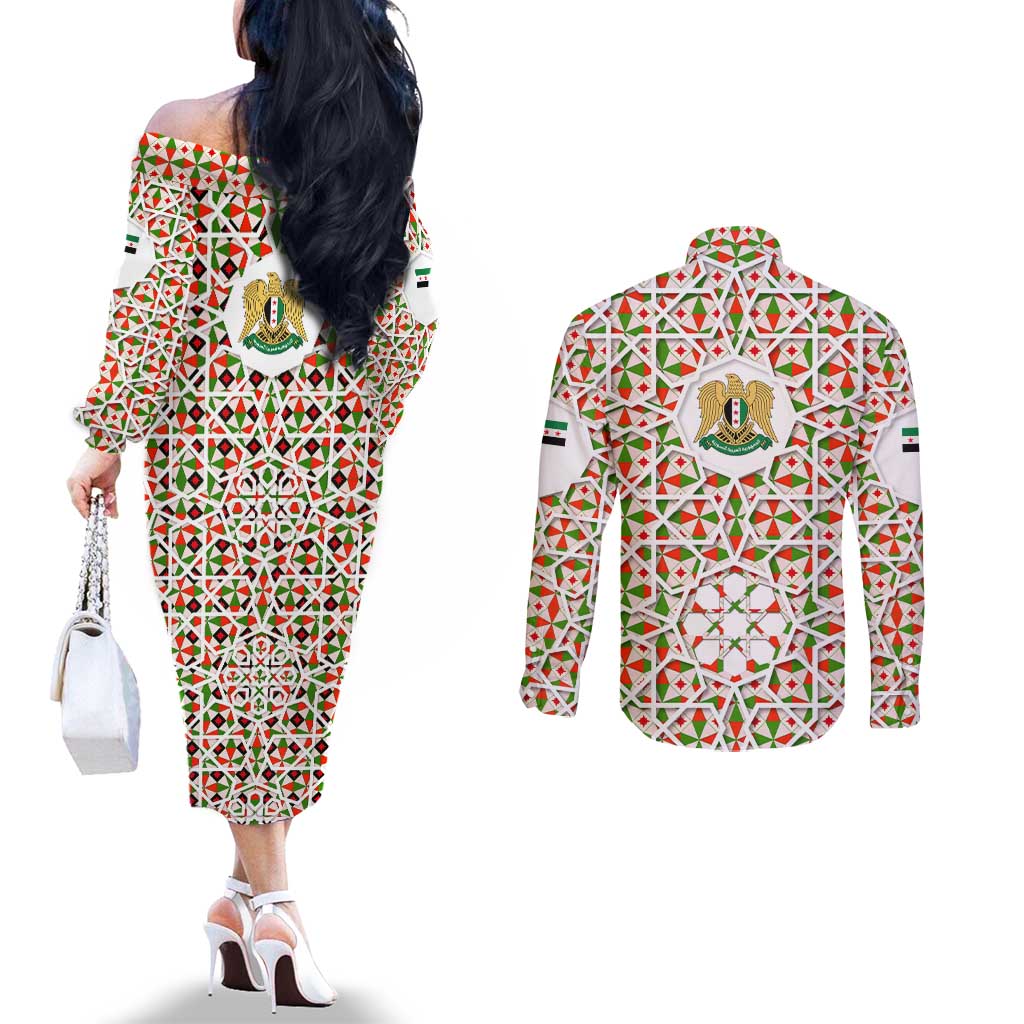 Syria Geometric Pattern Couples Matching Off The Shoulder Long Sleeve Dress and Long Sleeve Button Shirt with Traditional Arab Tile Motif and Flag Emblem