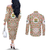 Syria Geometric Pattern Couples Matching Off The Shoulder Long Sleeve Dress and Long Sleeve Button Shirt with Traditional Arab Tile Motif and Flag Emblem