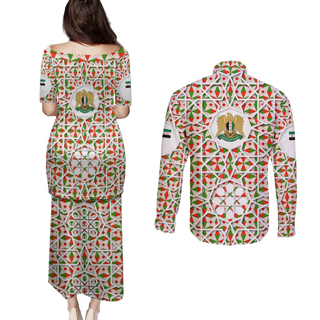 Syria Geometric Pattern Couples Matching Puletasi and Long Sleeve Button Shirt with Traditional Arab Tile Motif and Flag Emblem