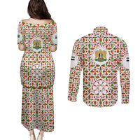 Syria Geometric Pattern Couples Matching Puletasi and Long Sleeve Button Shirt with Traditional Arab Tile Motif and Flag Emblem