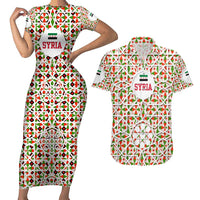 Syria Geometric Pattern Couples Matching Short Sleeve Bodycon Dress and Hawaiian Shirt with Traditional Arab Tile Motif and Flag Emblem