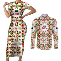 Syria Geometric Pattern Couples Matching Short Sleeve Bodycon Dress and Long Sleeve Button Shirt with Traditional Arab Tile Motif and Flag Emblem