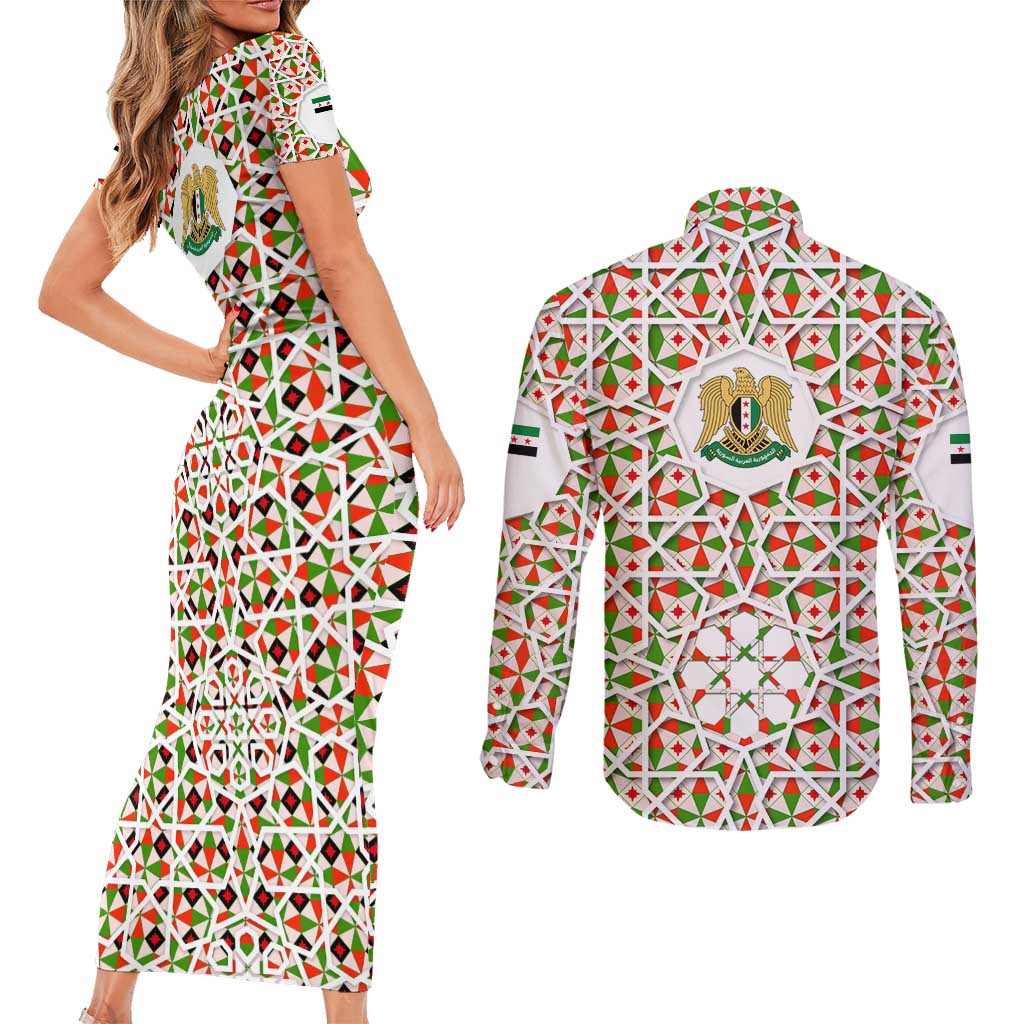 Syria Geometric Pattern Couples Matching Short Sleeve Bodycon Dress and Long Sleeve Button Shirt with Traditional Arab Tile Motif and Flag Emblem