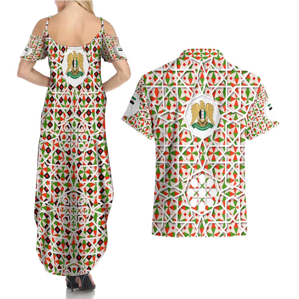 Syria Geometric Pattern Couples Matching Summer Maxi Dress and Hawaiian Shirt with Traditional Arab Tile Motif and Flag Emblem