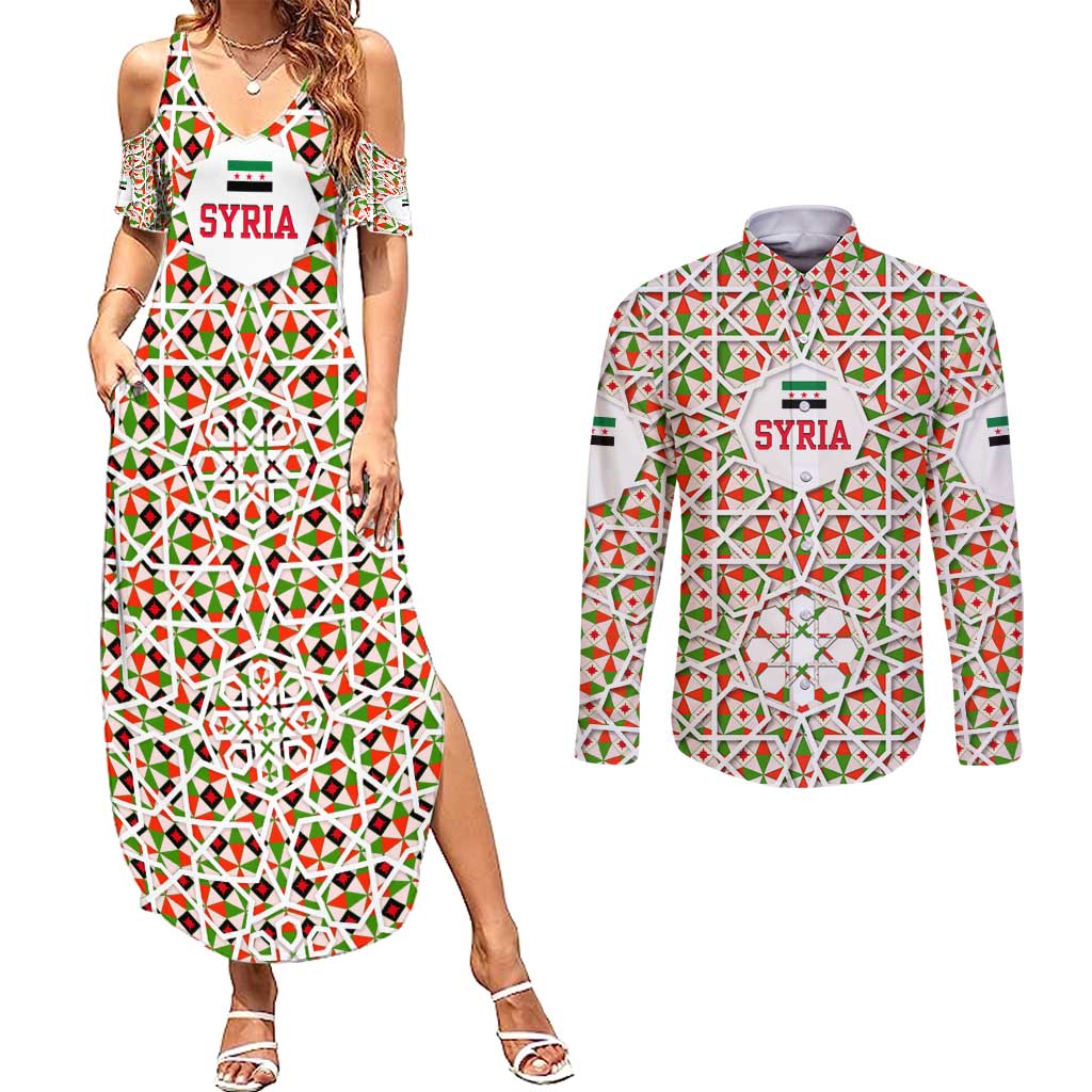 Syria Geometric Pattern Couples Matching Summer Maxi Dress and Long Sleeve Button Shirt with Traditional Arab Tile Motif and Flag Emblem