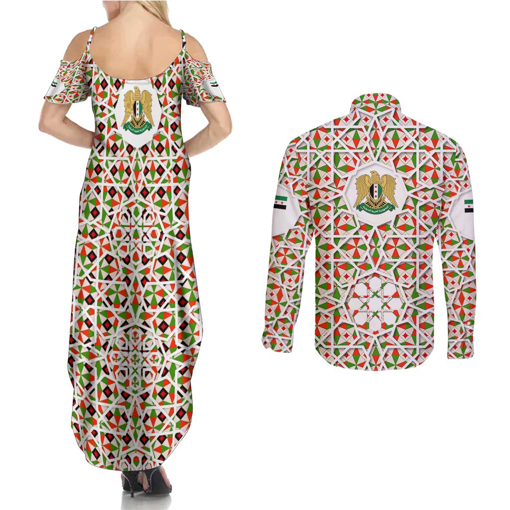 Syria Geometric Pattern Couples Matching Summer Maxi Dress and Long Sleeve Button Shirt with Traditional Arab Tile Motif and Flag Emblem