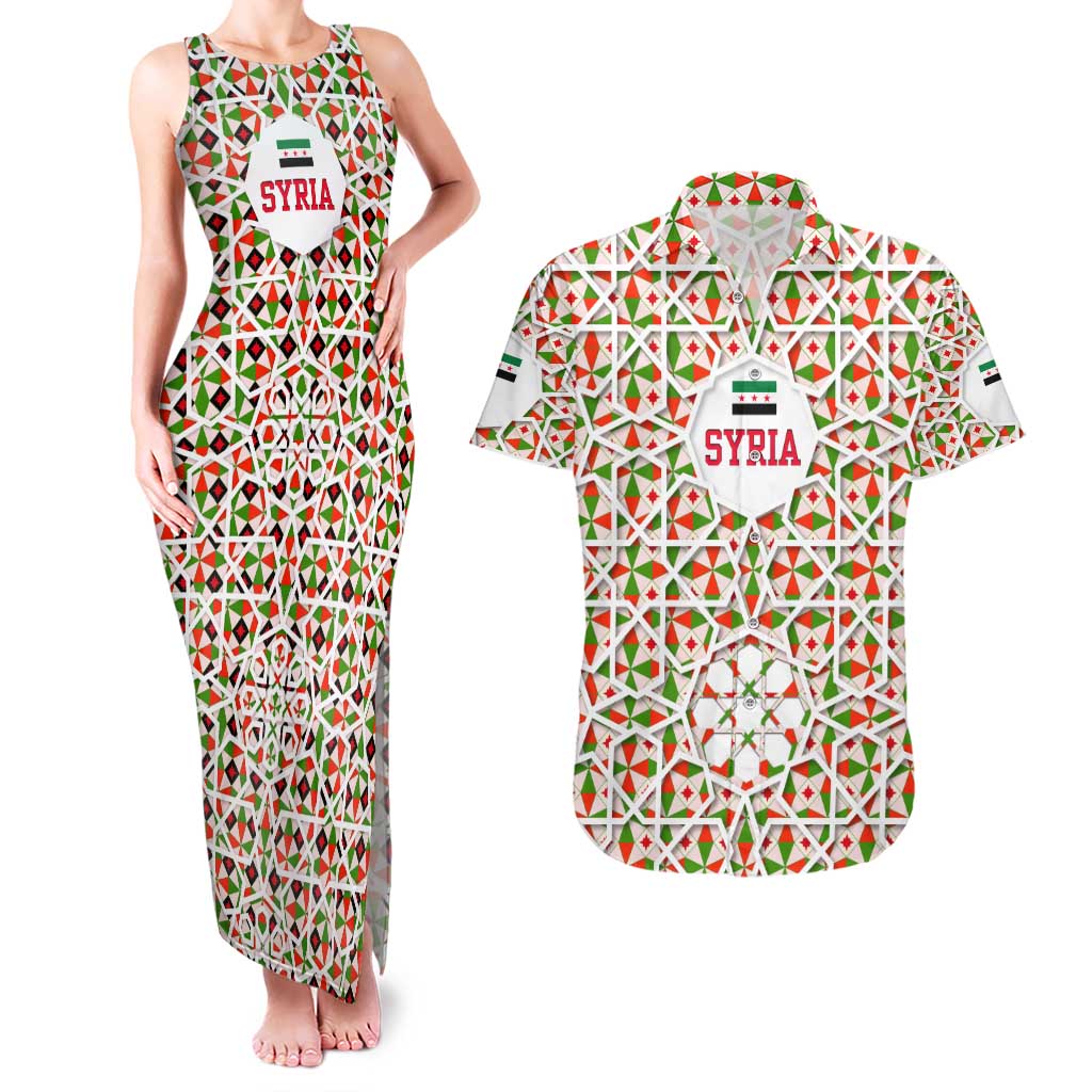 Syria Geometric Pattern Couples Matching Tank Maxi Dress and Hawaiian Shirt with Traditional Arab Tile Motif and Flag Emblem