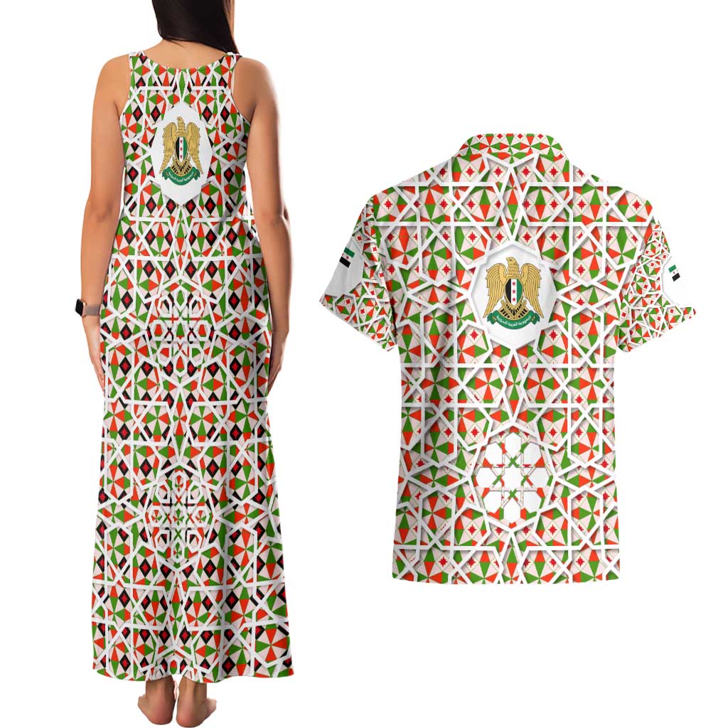 Syria Geometric Pattern Couples Matching Tank Maxi Dress and Hawaiian Shirt with Traditional Arab Tile Motif and Flag Emblem
