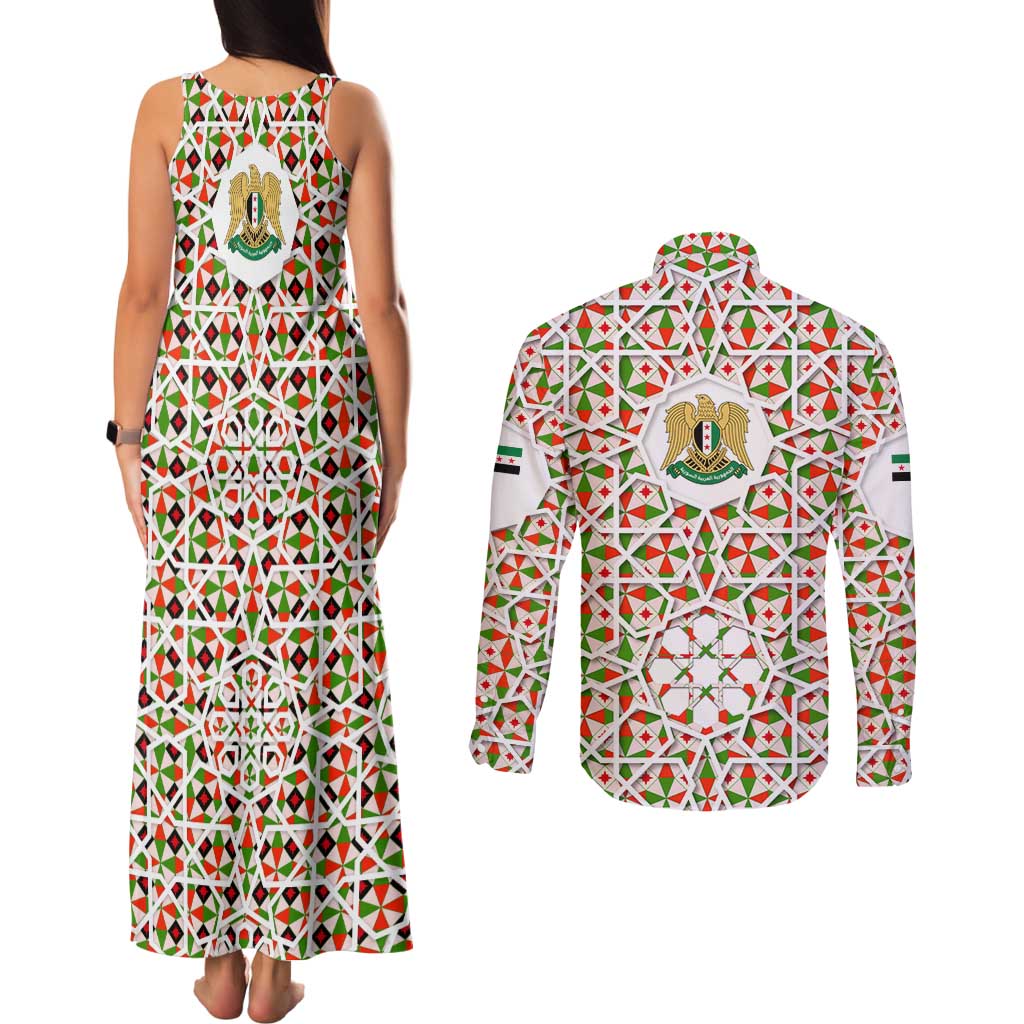 Syria Geometric Pattern Couples Matching Tank Maxi Dress and Long Sleeve Button Shirt with Traditional Arab Tile Motif and Flag Emblem