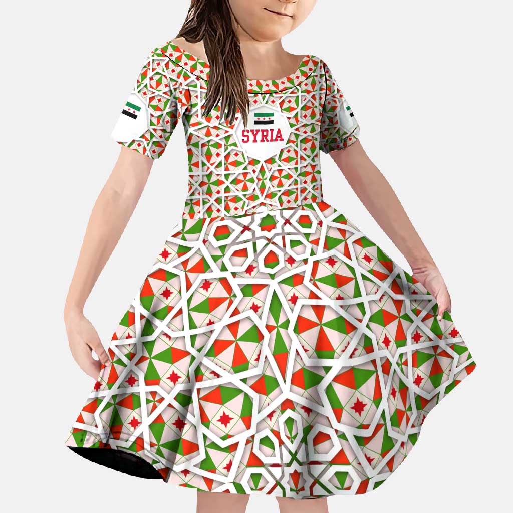 Syria Geometric Pattern Family Matching Long Sleeve Bodycon Dress and Hawaiian Shirt with Traditional Arab Tile Motif and Flag Emblem