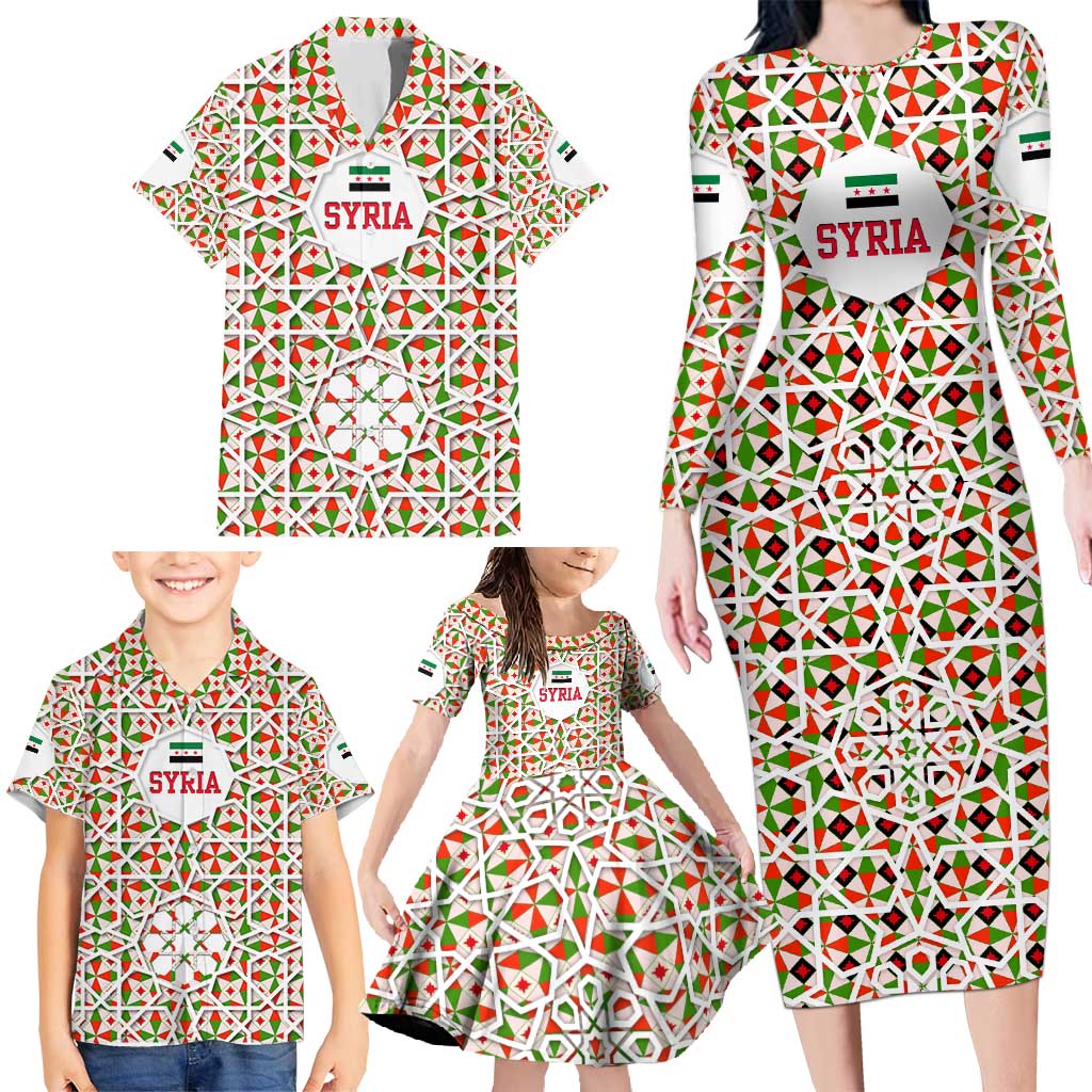 Syria Geometric Pattern Family Matching Long Sleeve Bodycon Dress and Hawaiian Shirt with Traditional Arab Tile Motif and Flag Emblem
