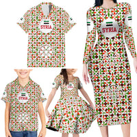 Syria Geometric Pattern Family Matching Long Sleeve Bodycon Dress and Hawaiian Shirt with Traditional Arab Tile Motif and Flag Emblem
