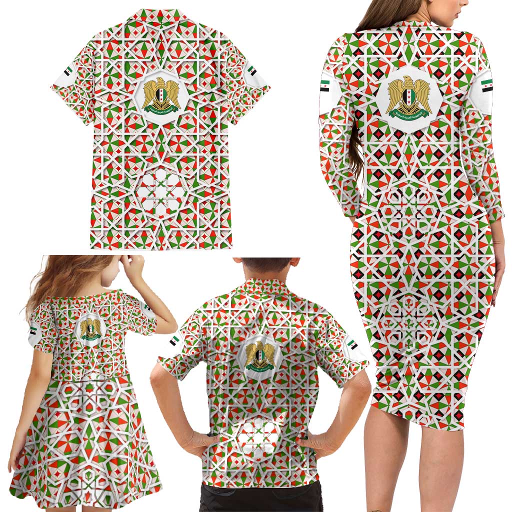 Syria Geometric Pattern Family Matching Long Sleeve Bodycon Dress and Hawaiian Shirt with Traditional Arab Tile Motif and Flag Emblem