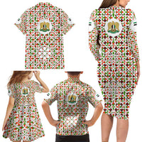 Syria Geometric Pattern Family Matching Long Sleeve Bodycon Dress and Hawaiian Shirt with Traditional Arab Tile Motif and Flag Emblem