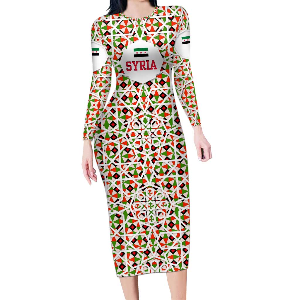 Syria Geometric Pattern Family Matching Long Sleeve Bodycon Dress and Hawaiian Shirt with Traditional Arab Tile Motif and Flag Emblem
