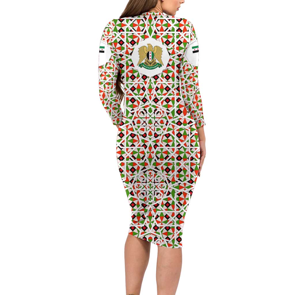 Syria Geometric Pattern Family Matching Long Sleeve Bodycon Dress and Hawaiian Shirt with Traditional Arab Tile Motif and Flag Emblem