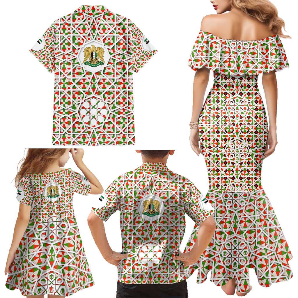 Syria Geometric Pattern Family Matching Mermaid Dress and Hawaiian Shirt with Traditional Arab Tile Motif and Flag Emblem
