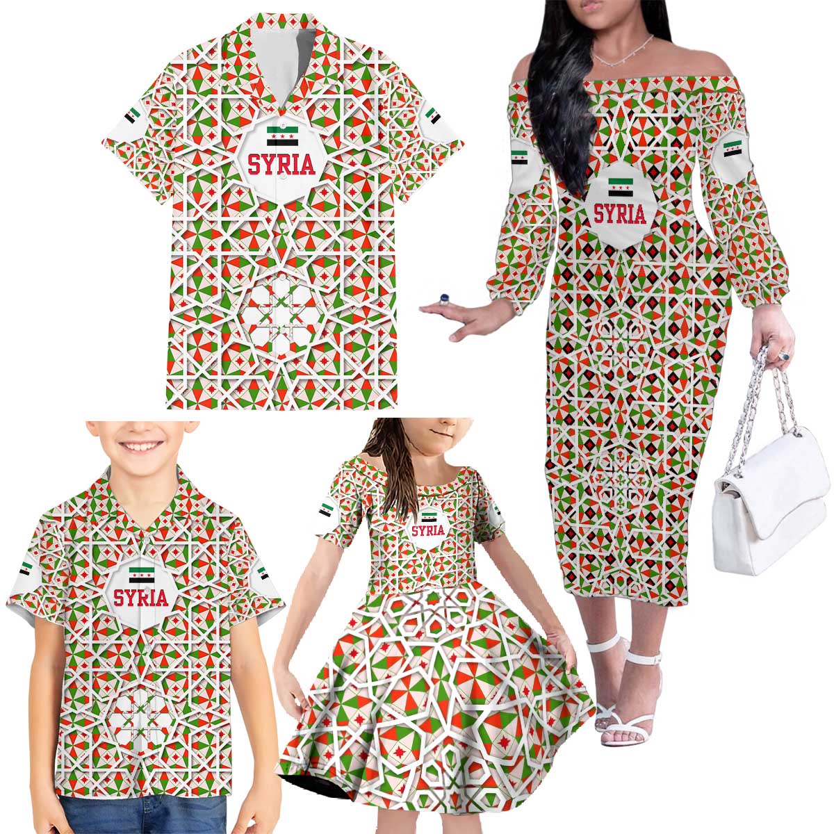 Syria Geometric Pattern Family Matching Off The Shoulder Long Sleeve Dress and Hawaiian Shirt with Traditional Arab Tile Motif and Flag Emblem