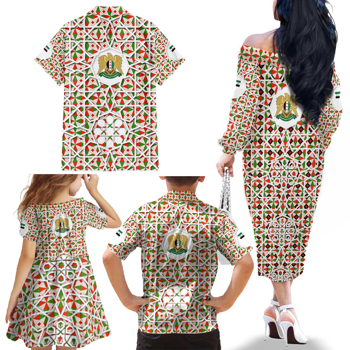 Syria Geometric Pattern Family Matching Off The Shoulder Long Sleeve Dress and Hawaiian Shirt with Traditional Arab Tile Motif and Flag Emblem